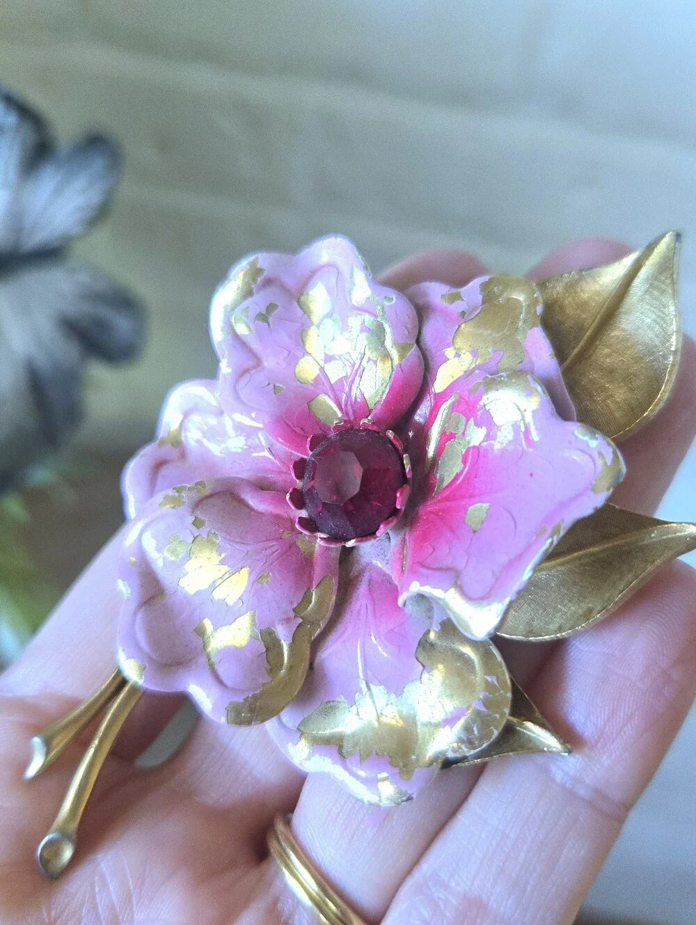Vtg Peony Rhinestone Flower Brooch, Mid-Century, Bohemian